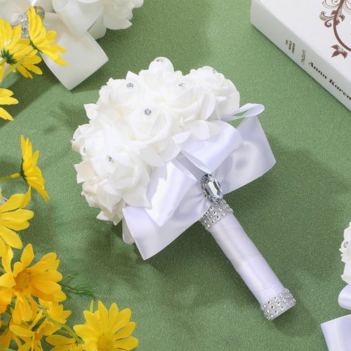 Jutom 6 Pack Wedding Bouquets for Bride Roses Bridesmaid Bouquet Bridal Bouquet Flowers Wedding Hand Holding Bouquet with Diamond Soft Ribbons for Engagement Bridal Shower Church Party (White)