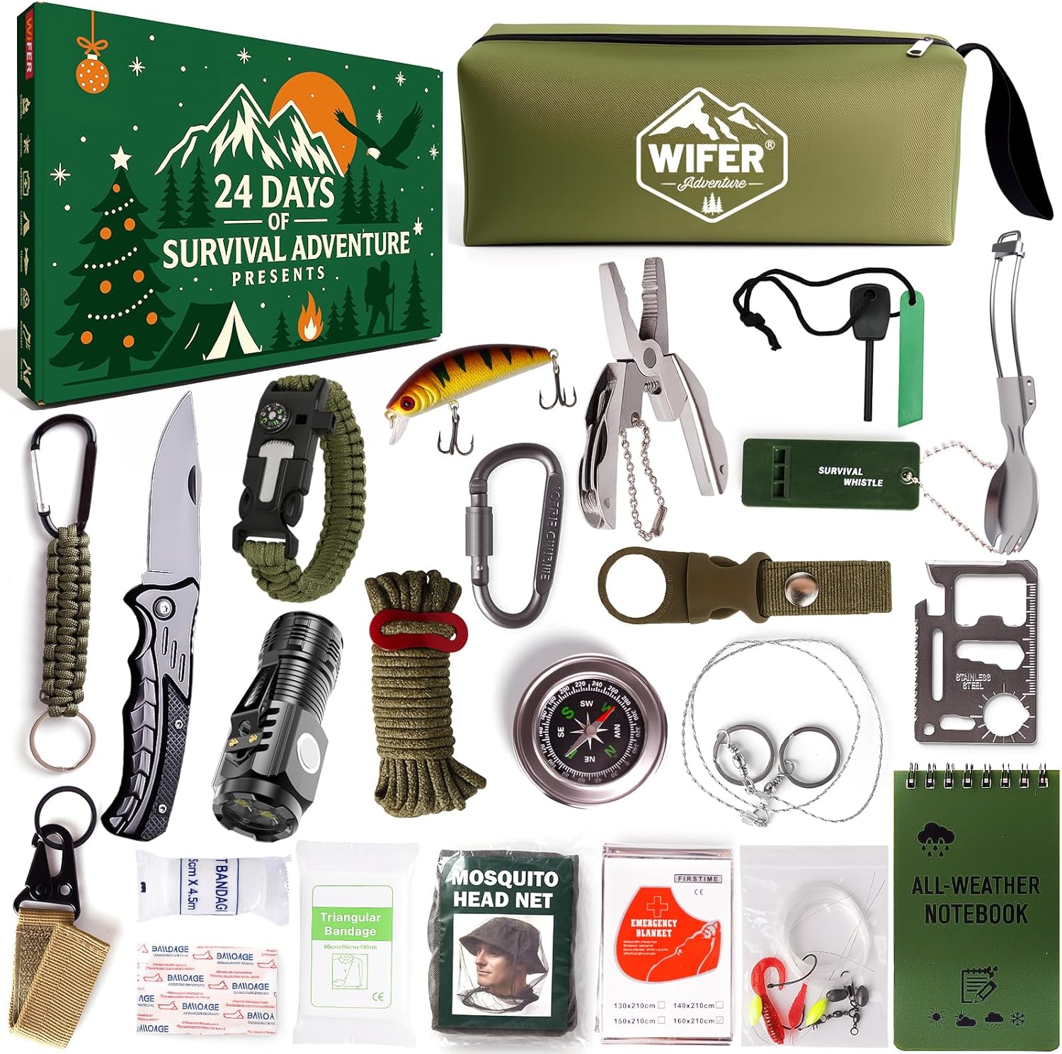 Survival Kit Advent Calendar 2025 for Men - 24 Days of Essential Outdoor Tools | Perfect Xmas Gift for Camping, Fishing, and Hiking Enthusiasts