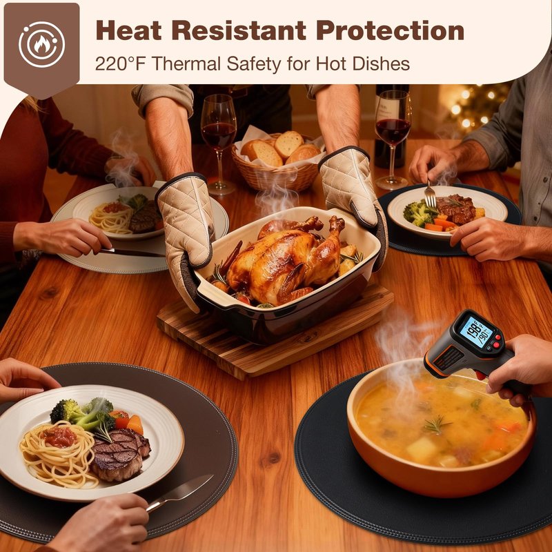 Rinpon Round Vinyl Black Placemats Set of 6, Faux Leather Waterproof Wipeable Heat Resistant Place Mats, Washable Table Mats for Halloween, Thanksgiving & Christmas Dinner(Black)