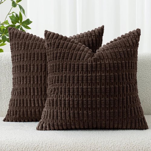 MIULEE Corduroy Throw Pillow Covers - Soft Boho Striped Design | 18x18 Inch Dark Brown for Modern Farmhouse Decor