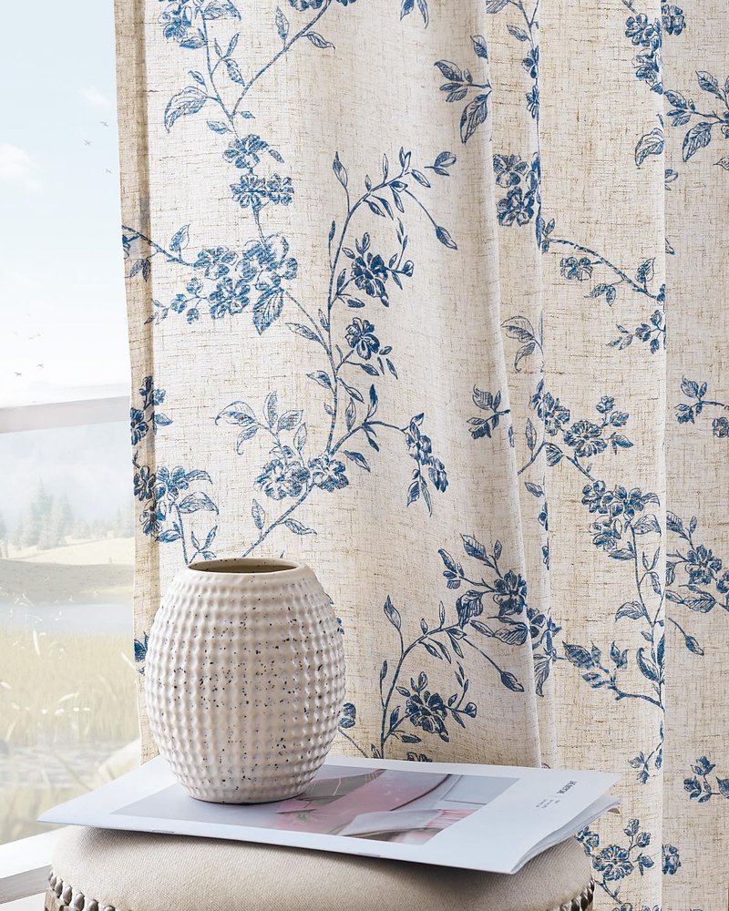 jinchan Linen Floral Curtains for Living Room 84 Inch Length Blue Printed Curtains Back Tab French Country Farmhouse Flower Patterned Drapes Bedroom Window Curtain Set 2 Panels
