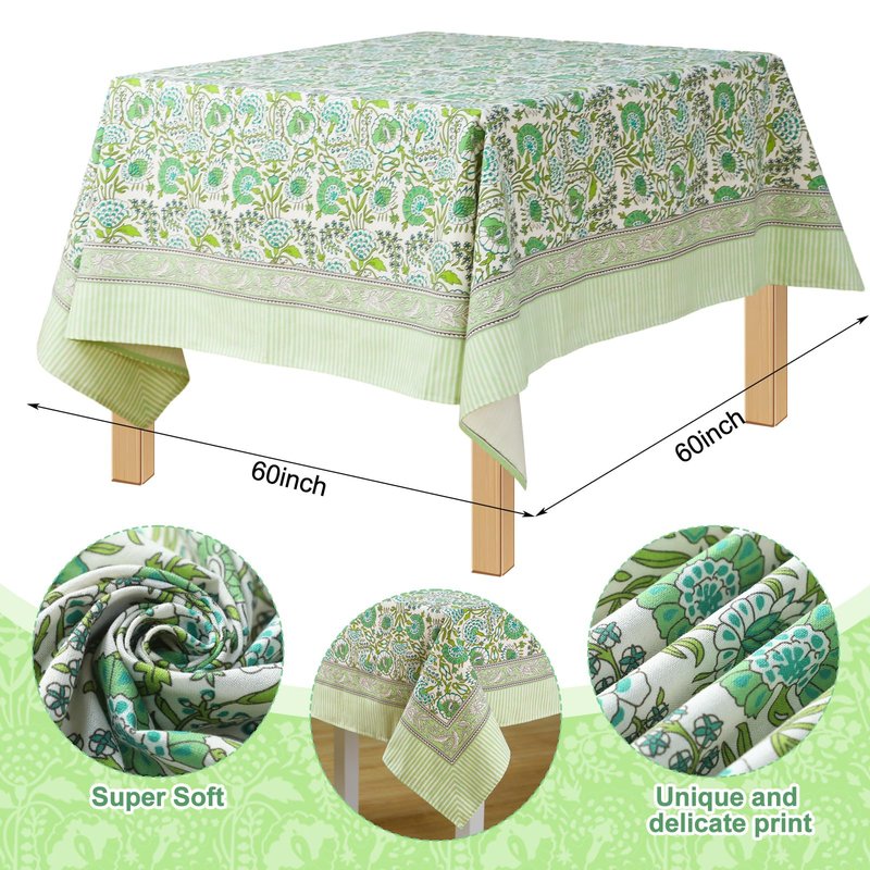 Newtay 60'' x 60'' Cotton Tablecloth Handmade Cotton Floral Tablecloth Washable Print Rectangle Table Cover with Dust Proof Wrinkle Resistant for Kitchen Dining Party Buffet(Green Pattern, Green)