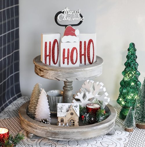 Ho Wood Christmas Blocks - Festive Wooden Tabletop Decor for Holiday Parties | 4 White Signs