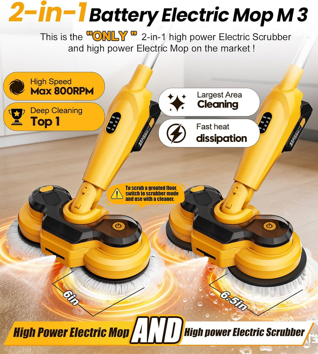 Qimedo Cordless Electric Mop M3 Pro - 6000mAh Battery, 800RPM Power Scrubber with Smart Display & LED Light