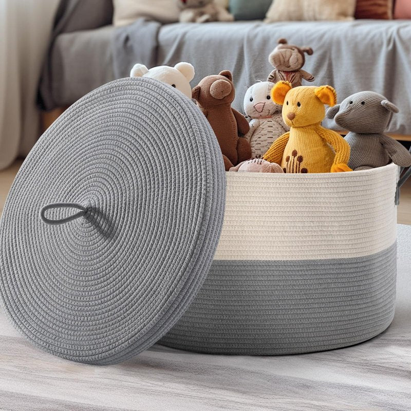 Noonkty XXL Cotton Rope Basket with Lid, Grey, 21.7" x 13.8" Square, Modern, Living Room, Bedroom, Nursery Storage