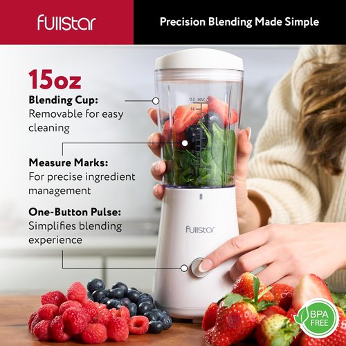 Fullstar Portable Blender - 15 oz Mini Personal Travel Smoothie Maker with Sipper Lid | Compact Design for Home & Office (White)