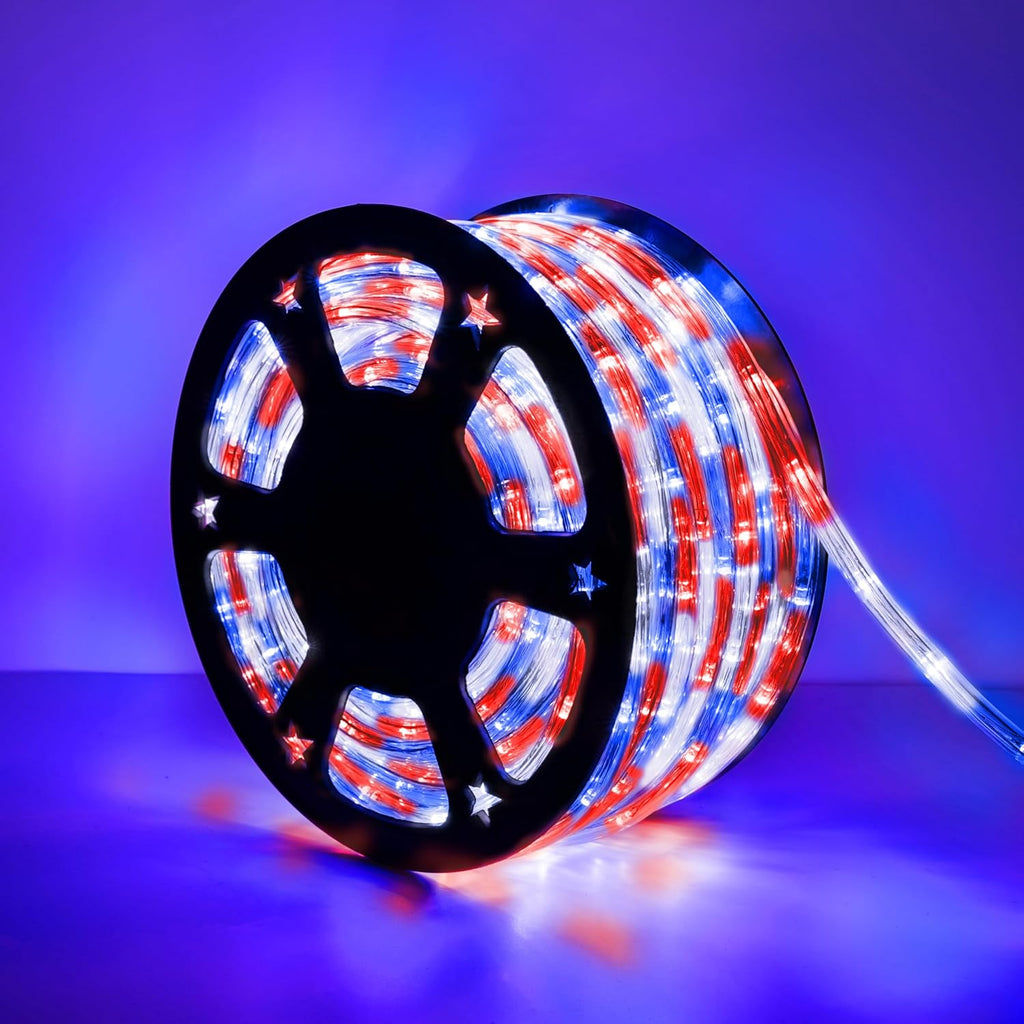 Skiennix 50ft LED Rope Lights - Waterproof, Connectable & Flexible Tube Lights | 8 Modes for Indoor/Outdoor Decor (Red, White & Blue)