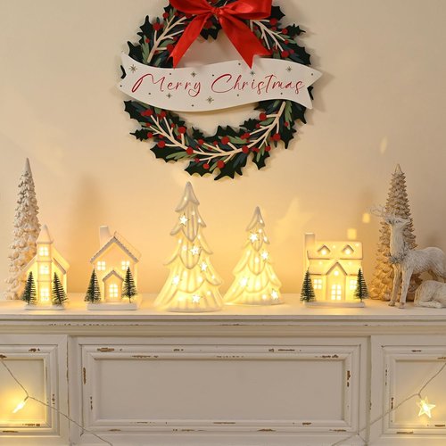 AOMOONOA Ceramic White Christmas Trees - 2Pcs Light-Up Tabletop Porcelain Xmas Tree Figurines for Modern Home Decor