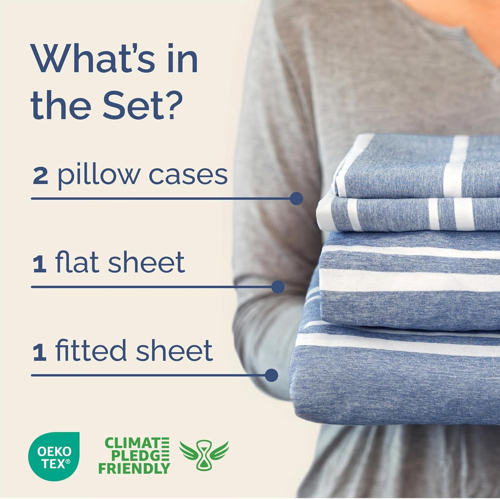 Queen Size 4-Piece Sheet Set - Comfy Cooling Bed Sheets for Luxury Bedding - Deep Pockets, Soft & Wrinkle-Free - Oeko-Tex Certified - Blue Stripes