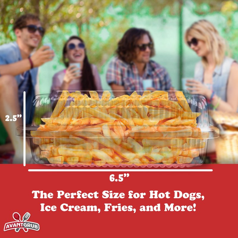 Sturdy, Locking Plastic Hot Dog Trays. 50 Pack. Premium, Disposable Food Presentation Boats for Takeout and to-Go Meals. Made from PET. Ridged Edge Designs Give an Upscale Look