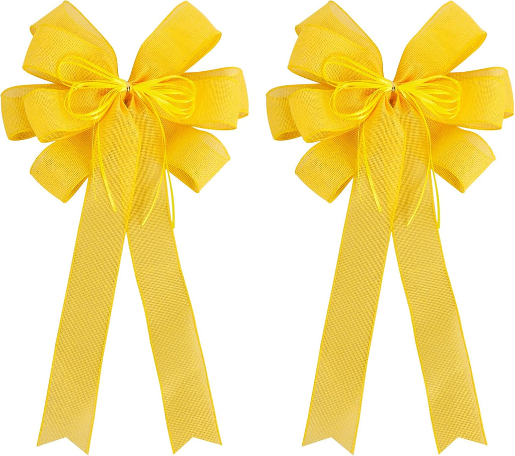 Skiennix 2 Pack Yellow Christmas Tree Bows - 12x20 Inch Large Burlap Wreath Bows with Glitter String for Festive Decor