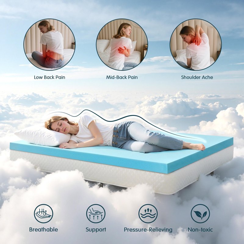 SyMax Memory Foam Mattress Topper, Gel Infused Foam Topper, Breathable Bed Topper, Pressure Relieving, CertiPUR-US Certified, 3 Inch, Queen Size