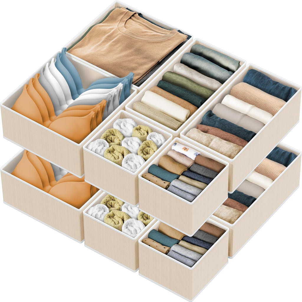 Simple Houseware Foldable Drawer Organizer Set - 12 Beige Fabric Storage Bins for Clothes & Accessories