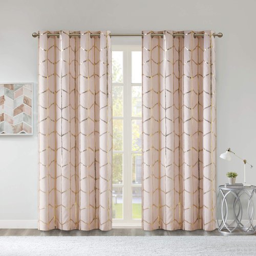 Intelligent Design Blackout Window Curtain, Light Blocking Curtains for Living Room, Thermal Insulated Window Panel with Metallic Print and Grommet Top, 50"x84", Blush/Gold, 1 Piece