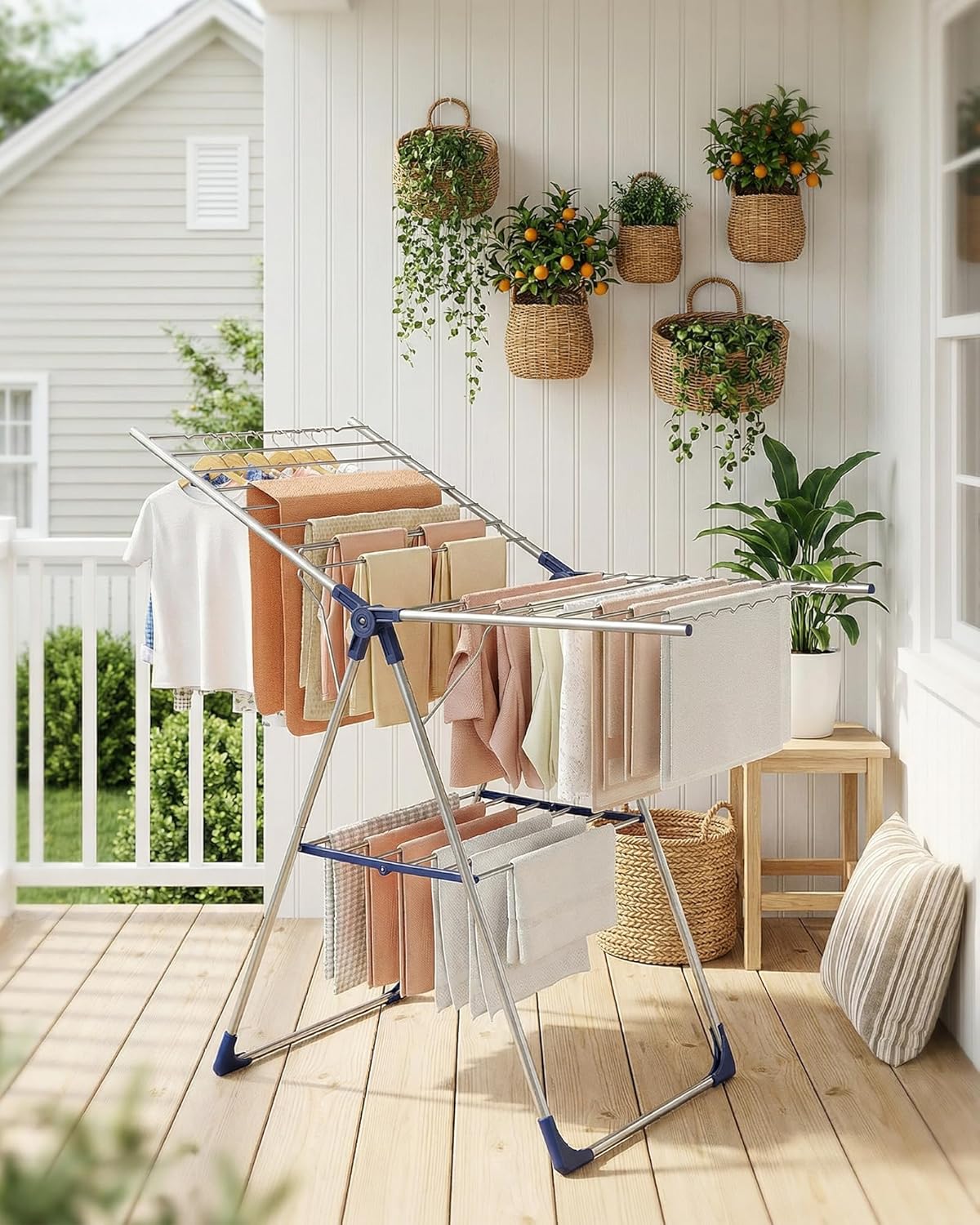 Sakugi Clothes Drying Rack - Height-Adjustable Metal Laundry Dryer Stand | Free-Standing & Collapsible, 55.5" L × 22.8" W, Silver Blue