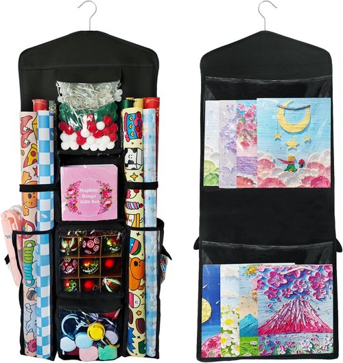 Gift Wrap Organizer - Double-Sided Hanging Storage Bag for Wrapping Paper | Black
