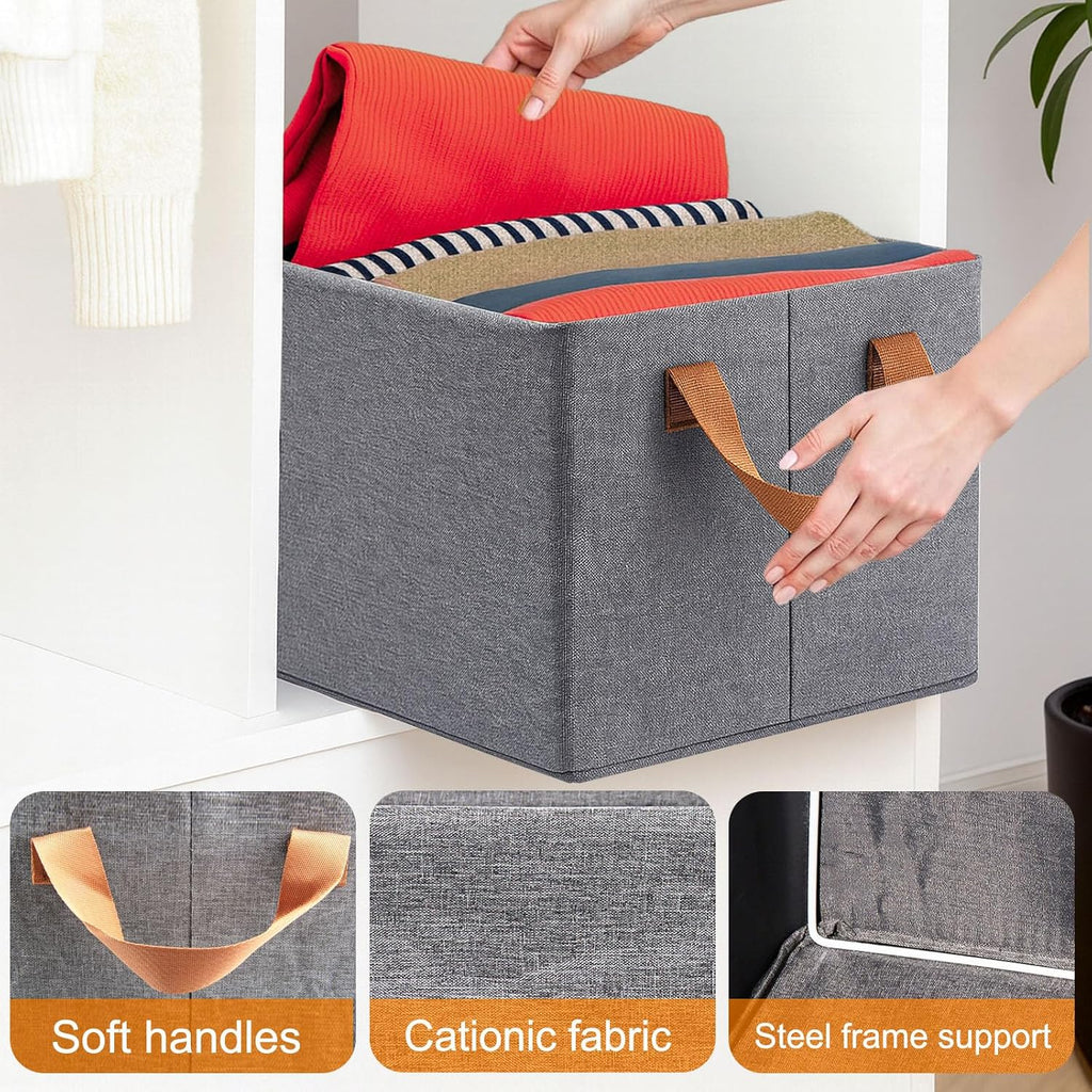 Skiennix 6 Pack Storage Cubes - Reinforced Steel Frame, Collapsible Fabric Bins | Large Gray Baskets (18.5"x11"x7.9") for Organization