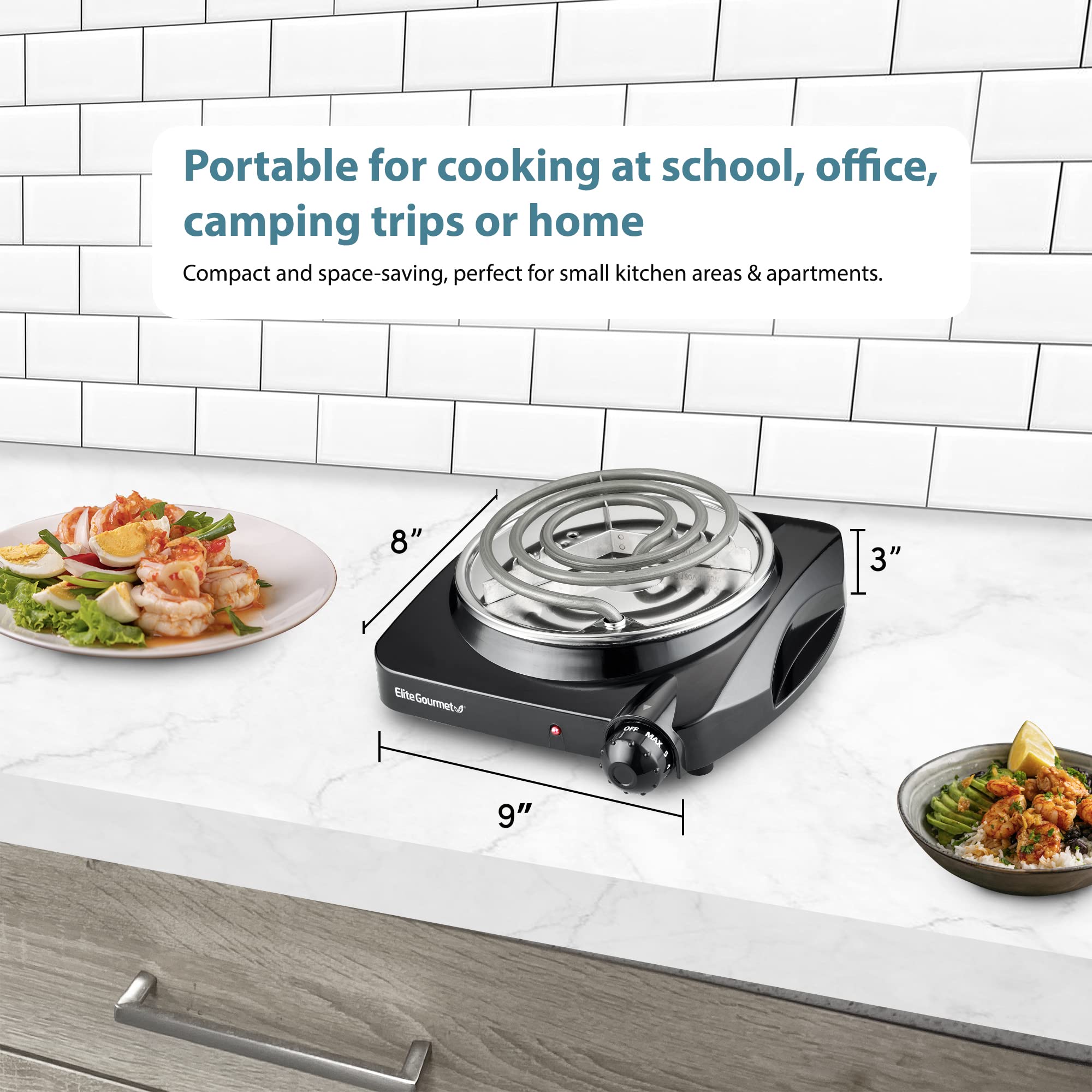 Elite Gourmet ESB301C Countertop Single Coiled Burner, 1100 Watts Electric Hot Plate, Temperature Controls, Power Indicator Lights, Easy to Clean, Black