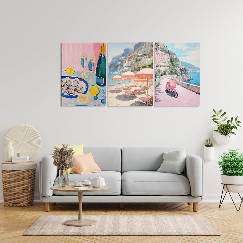 Framed Amalfi Coast Beach Wall Art Italian Beach Landscape Posters Pink Pastel Aesthetic Preppy Beachy Painting Prints Fruit Champagne Canvas Art Decor for Bar Girls Bedroom Dorm Apartment 24'' x 16''