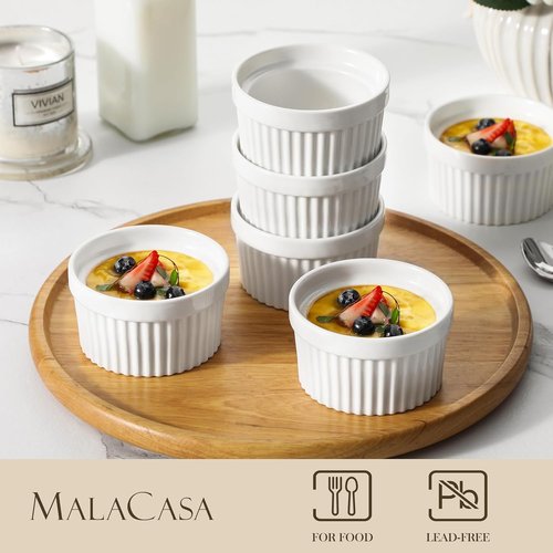 MALACASA Ramekins - 6 Oz Oven Safe Porcelain Baking Cups | Set of 6 White Creme Brulee Dishes
