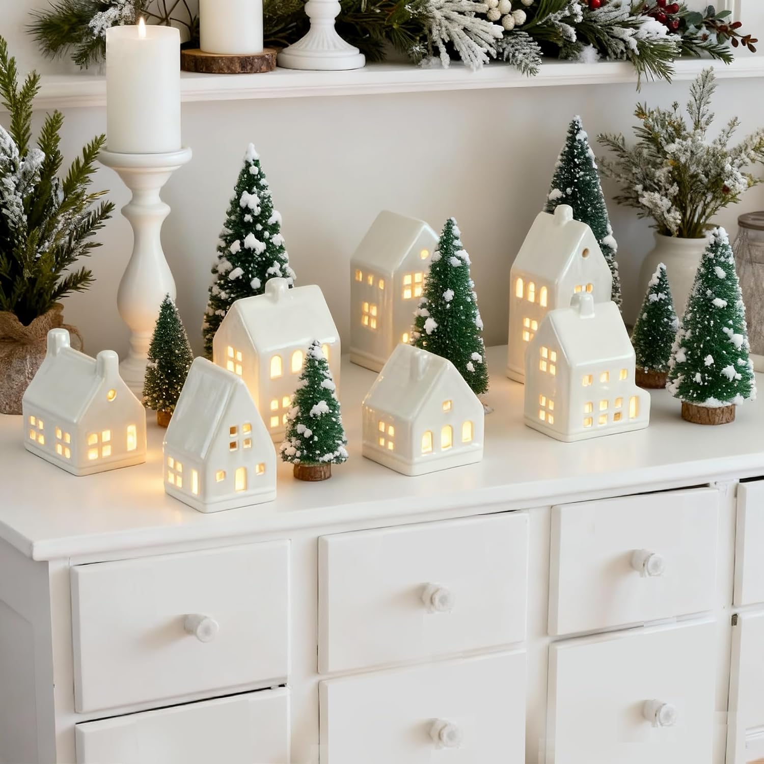 Skiennix Christmas Village Set - 7 White Ceramic Houses with LED Tea Lights & Mini Trees | Festive Indoor Decor for Fireplace & Tabletop