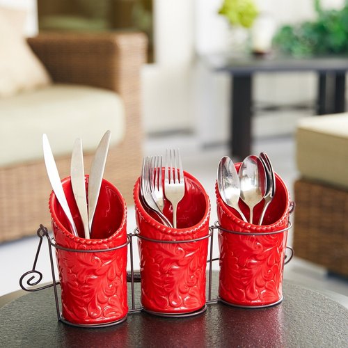 ienjoyware Kitchen Flatware Caddy - 3 Ceramic Utensil Holders (4" Dia x 7" H each) & 1 Wire Caddy - Red