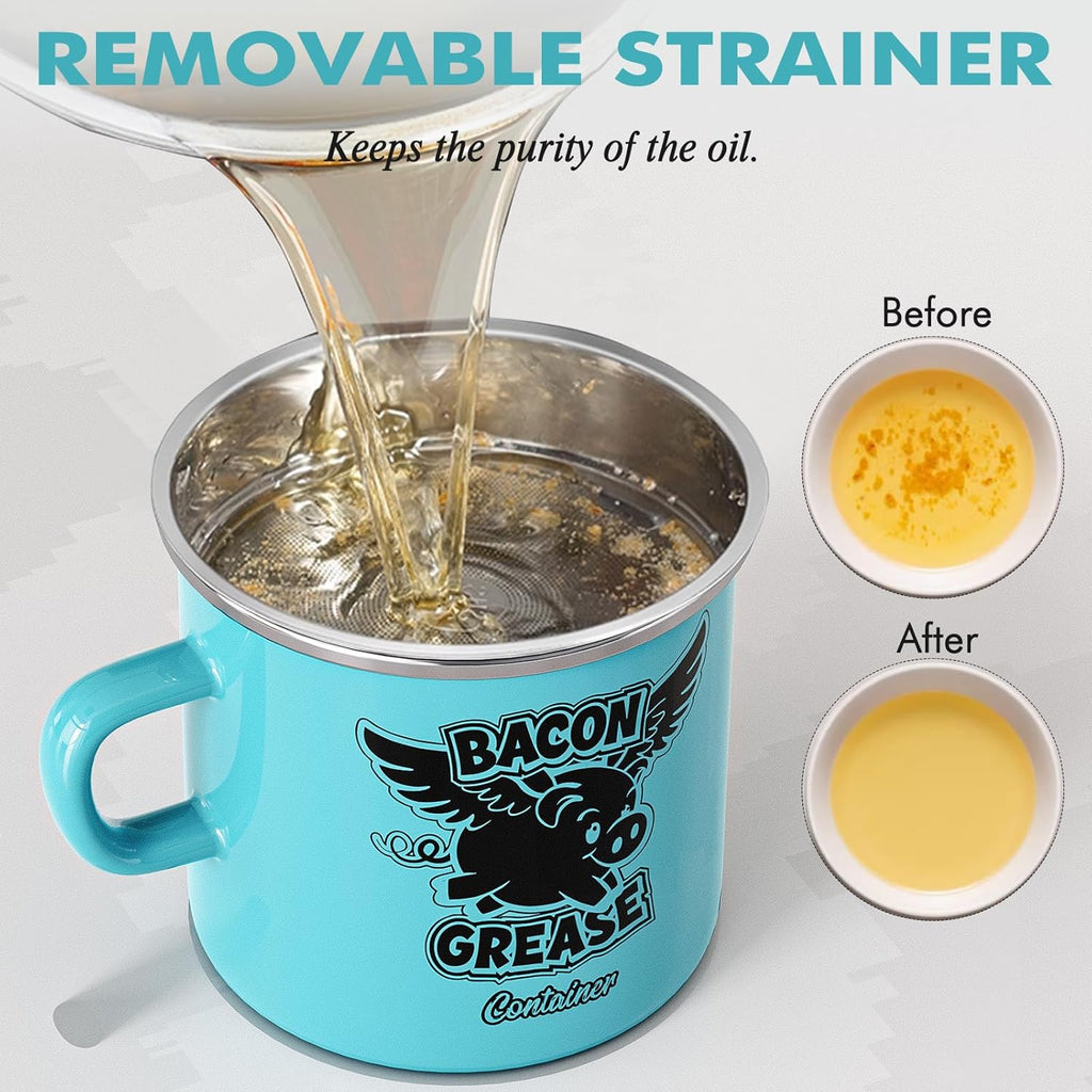 PGYARD Mini Bacon Grease Container - 15oz Farmhouse Enamel Grease Saver in Light Blue