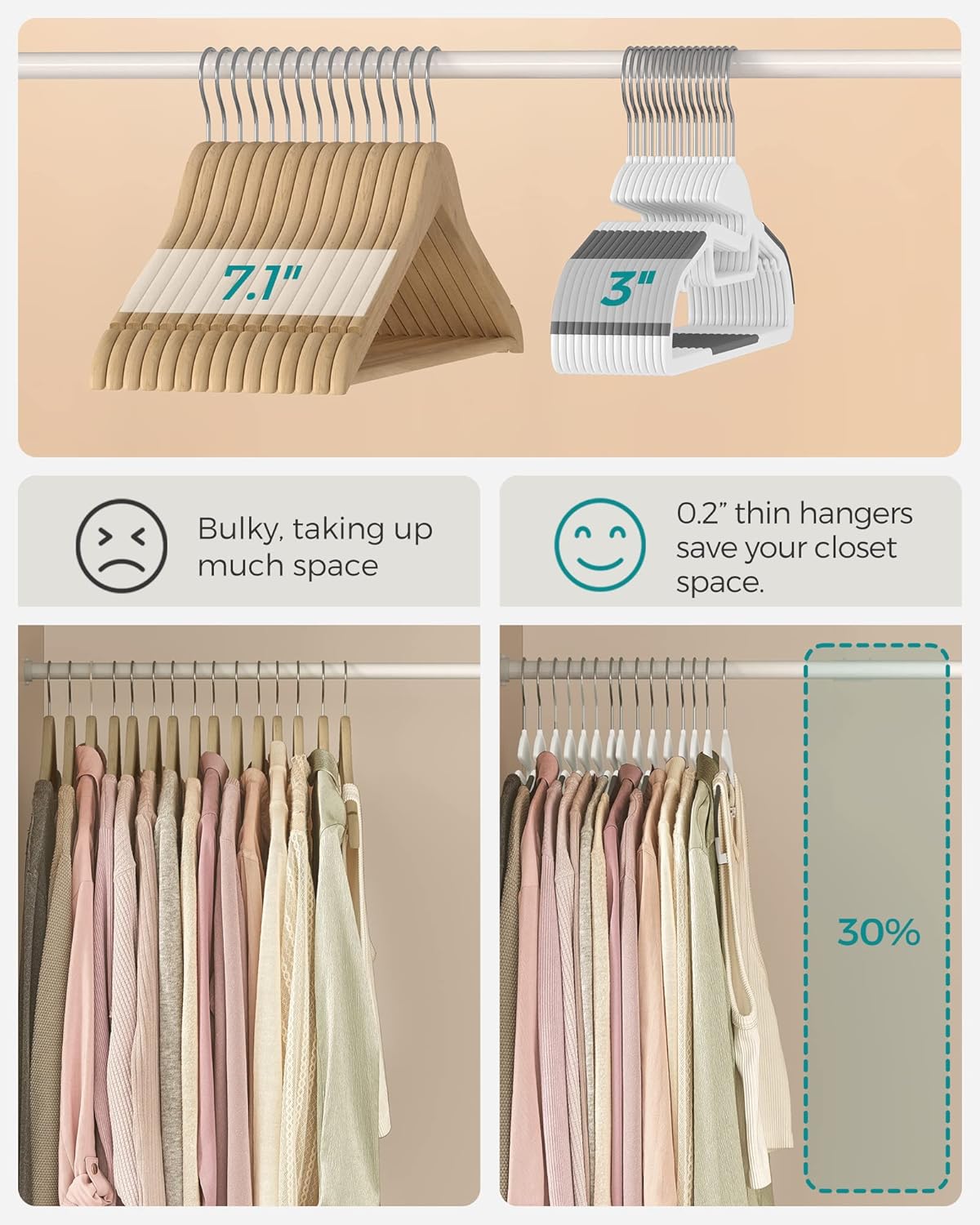 SONGMICS Heavy-Duty Plastic Coat Hangers - Space-Saving Design with 360º Swivel Hook | 50 Pack, Cloud White & Dark Gray