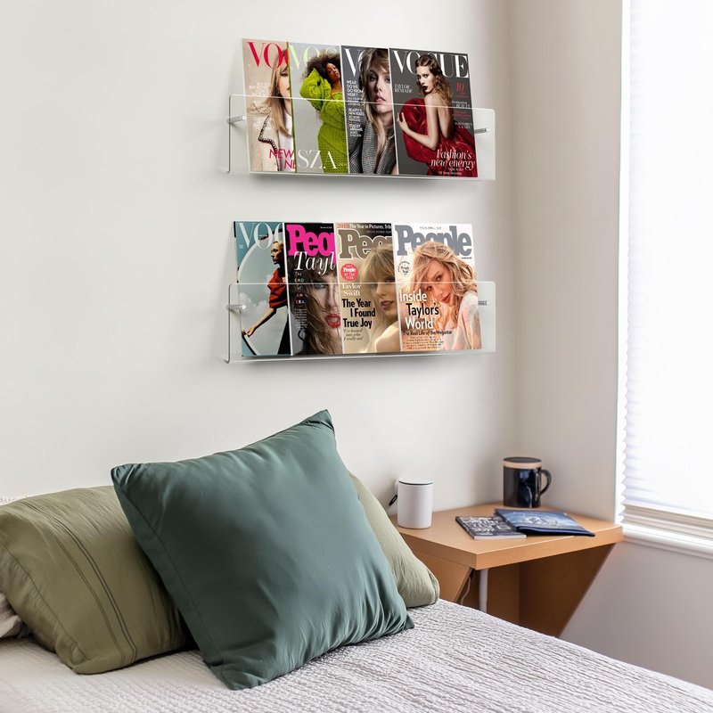 HBlife 24 Inch 2 Pack Clear Acrylic Magazine Holder, Wall Mounted Floating Bookshelf, Brochure Display Rack for Office, Living Room, Waiting Room, Nursery, Home Storage