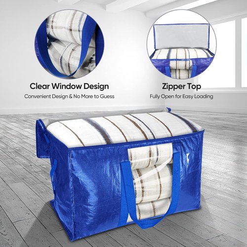 BALEINE 8-Pack Heavy-Duty Moving Bags - Oversized Storage Totes with Reinforced Handles (Blue w/Window)