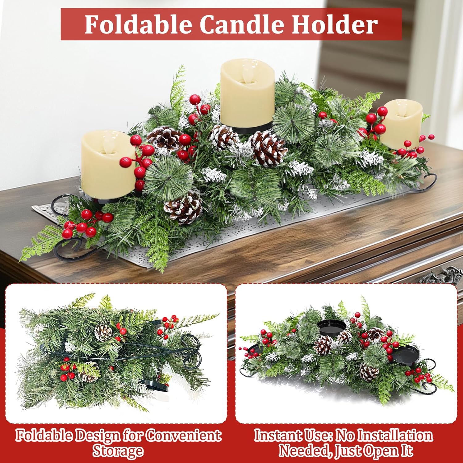Regine Switzerland 30-Inch Christmas Table Centerpiece - 3 Candle Holders, Red Berry & Pinecone Decor