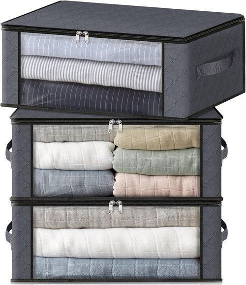 HomeHacks Storage 3-Pack Clothes Organizer Bags - Foldable Design with Large Clear Window | 35L, Gray