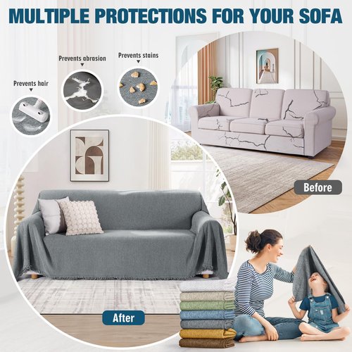 KinCam Couch Covers for 3 Cushion Couch Sofa Cover Washable Sectional Couch Cover for Dogs Tassel Sofa Blanket Cover Pet Friendly Soft and Durable for Most Furniture(91" x 134", Grey)