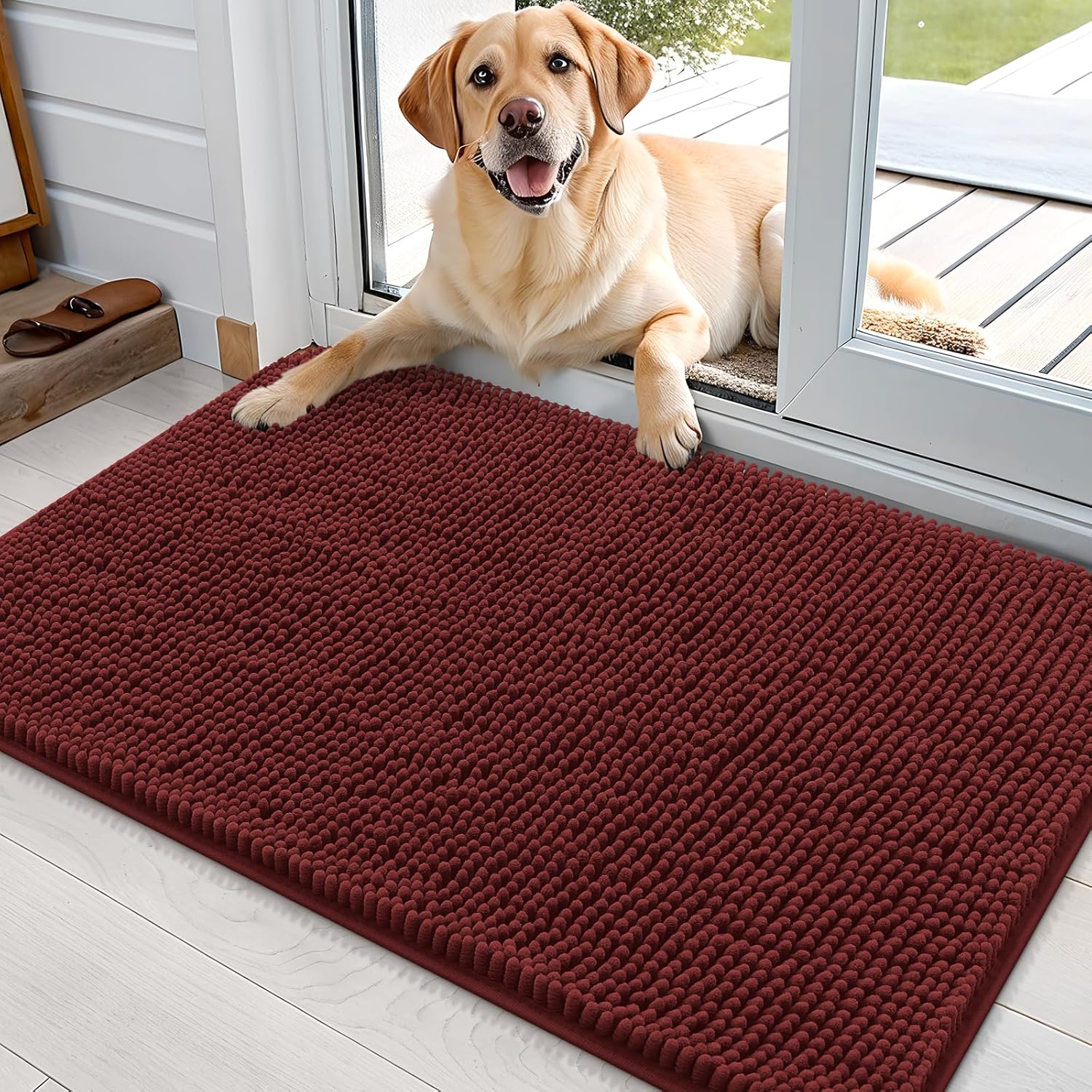 OLANLY Dog Door Mat - Absorbent Non-Slip Washable Doormat for Muddy Paws | 36x24, Quick Dry Chenille, Caramel Russet