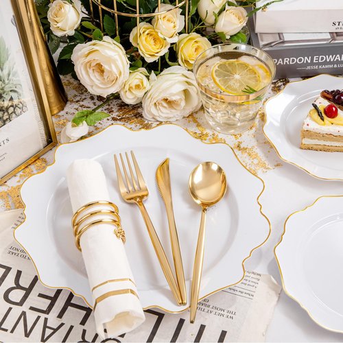 WDF 350PCS White and Gold Plastic Plates - Gold Plates Disposable 50Guest Plastic Dinnerware Ideal for Party/Wedding/Birthday/Ramadan/Easter