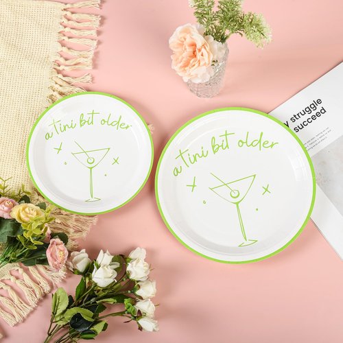 Elyxio 48Pcs A Tini Bit Older Party Plates Martini Bar Disposable Paper Plate Weenies and Tinies 9" and 7" Dinner Dessert Plates for Espresso Bachelorette Trendy Green Party Supplies