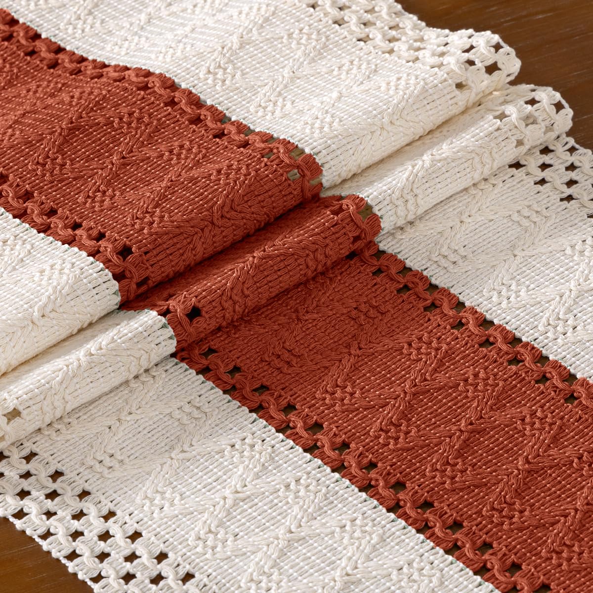 DeZerlor Boho Macrame Table Runner Terracotta Spring Easter Farmhouse Woven Table Runner with Tassels 90 Inches Ivory& Rust Cotton Linen Kitchen Table Decor for Dining Dresser Home Tea Table Decor