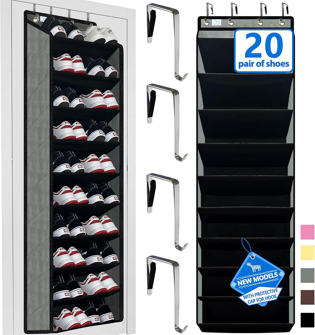 Skiennix Shoe Organizer - 70 lbs Capacity Over The Door Rack | 10-Tier Heavy Duty Bamboo Design - Grey/Black