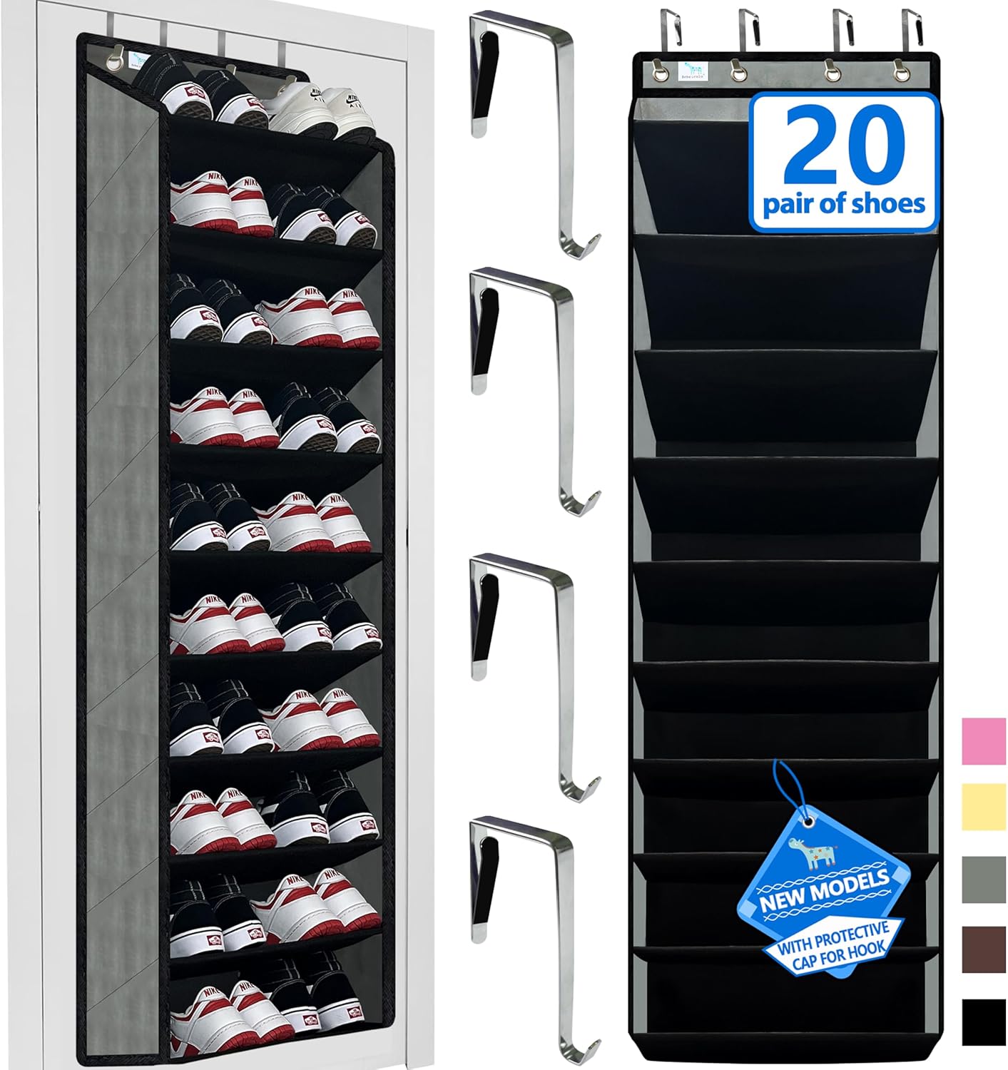 Skiennix Shoe Organizer - 70 lbs Capacity Over The Door Rack | 10-Tier Heavy Duty Bamboo Design - Grey/Black