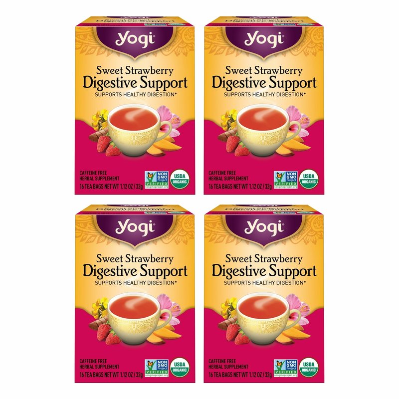 Yogi Sweet Strawberry Digestive Support Herbal Tea, Caffeine-Free, Vegan Friendly, Kosher, USDA Certified Organic, Non-GMO, 16 Tea Bags (Pack of 6)