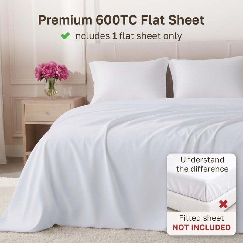 California Design Den King Size Flat Sheet Only - 100% Cotton, 600 Thread Count, Soft and Breathable Top Sheet, Sateen Weave, Premium-Feel Bedding, Featuring Foot Side Indicator - Bright White