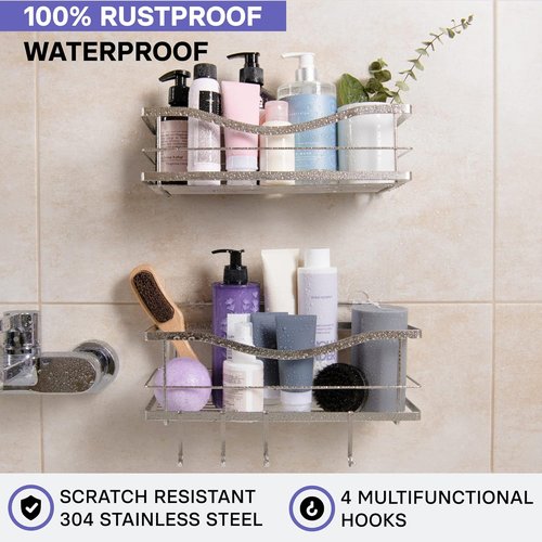 KINCMAX Premium Shower Caddy - Self-Adhesive Wall Organizer | 2-Pack Rustproof Stainless Steel Shelves, Silver