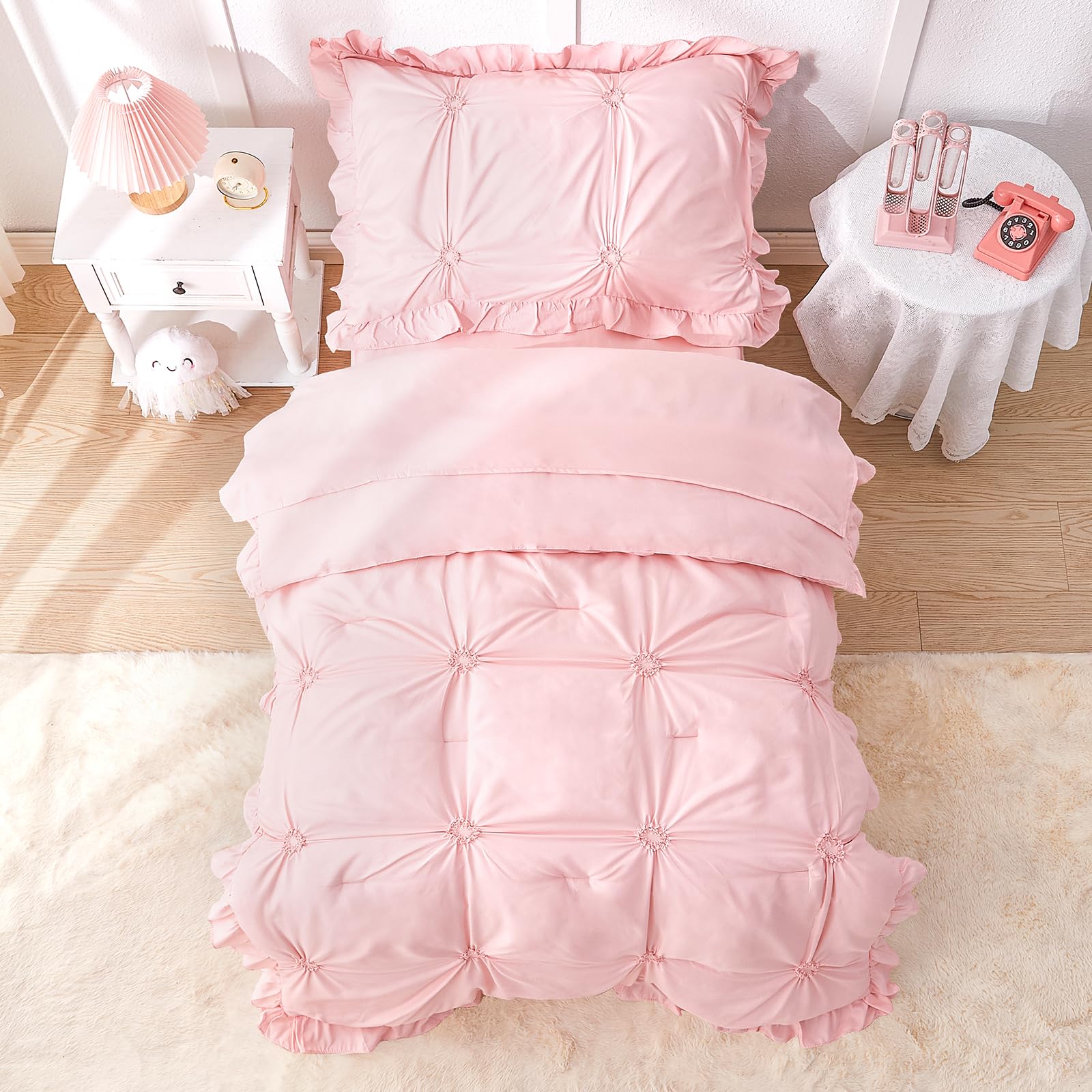 Wowelife Princess Toddler Bedding Set for Girls, Boho Toddler Bed Set, 4 Pieces Ruffles Jacquard Embroidery Toddler Comforter with Comforter, Fitted Sheet, Flat Sheet and Pillowcase, Pink