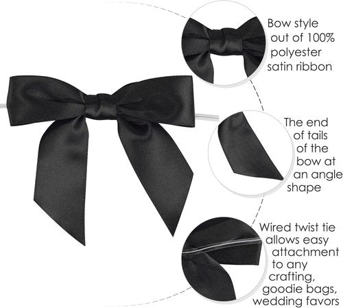 AIMUDI Black Satin Bows - 3.5" Premade Twist Tie Bows for Gift Wrapping & Crafts | 50 Pack