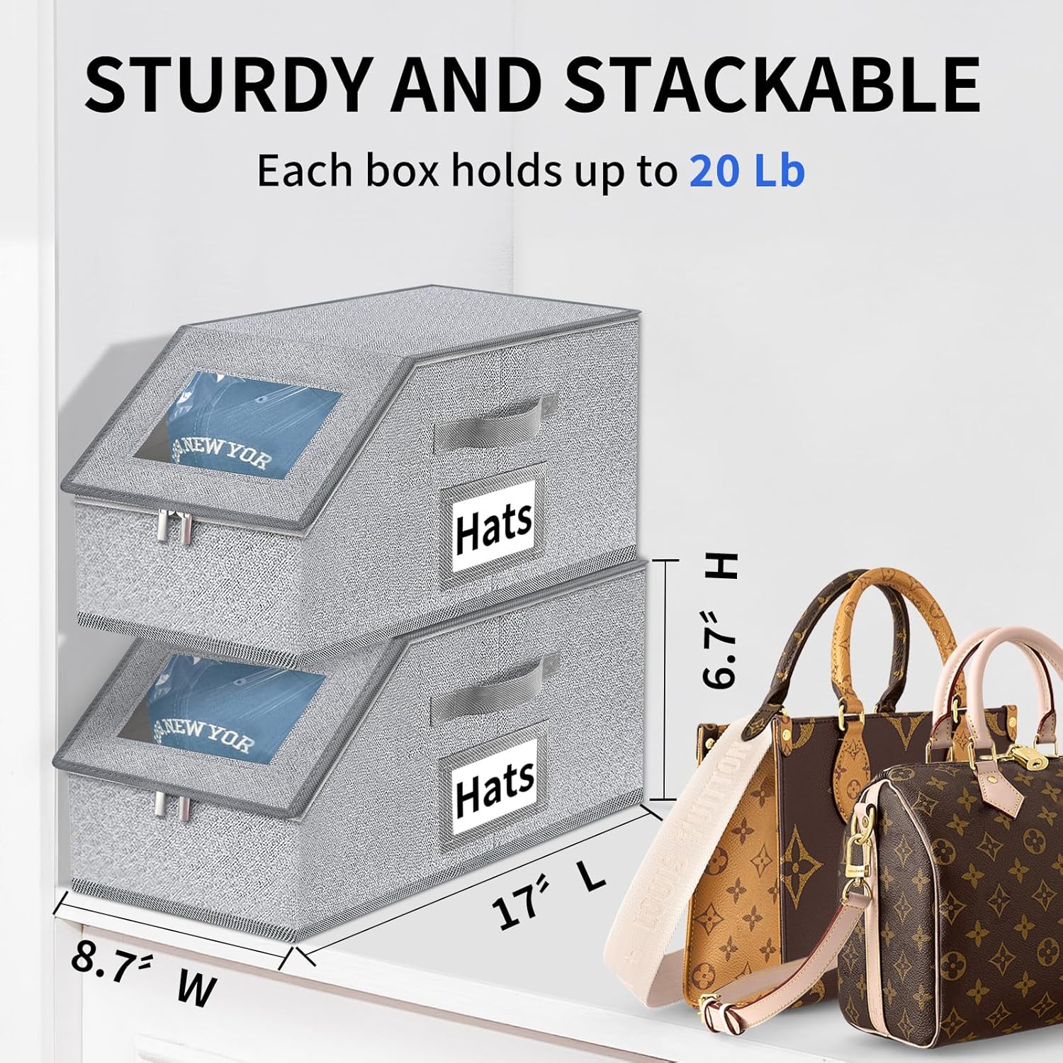 Aokeyee Hat Organizer - 2PCS Stackable Storage with Clear Window Lid & Flip-Top Access | Grey