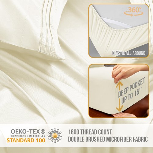 Abeero Home Twin Sheets Set - Luxury Hotel Bed Sheets - Soft Cooling Sheet with Elastic Corner Straps - Deep Pockets Microfiber Bedsheet - Bedding Sheet & Pillowcases Sets - 3 PC (Twin Size, Ivory)