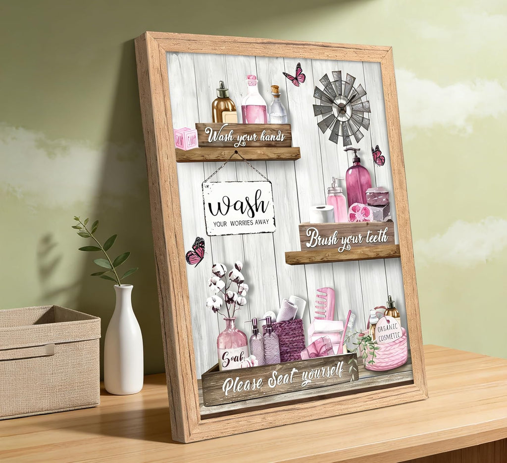 Regine Switzerland Pink Bathroom Canvas Wall Art - Modern Farmhouse Decor | Framed Ready to Hang