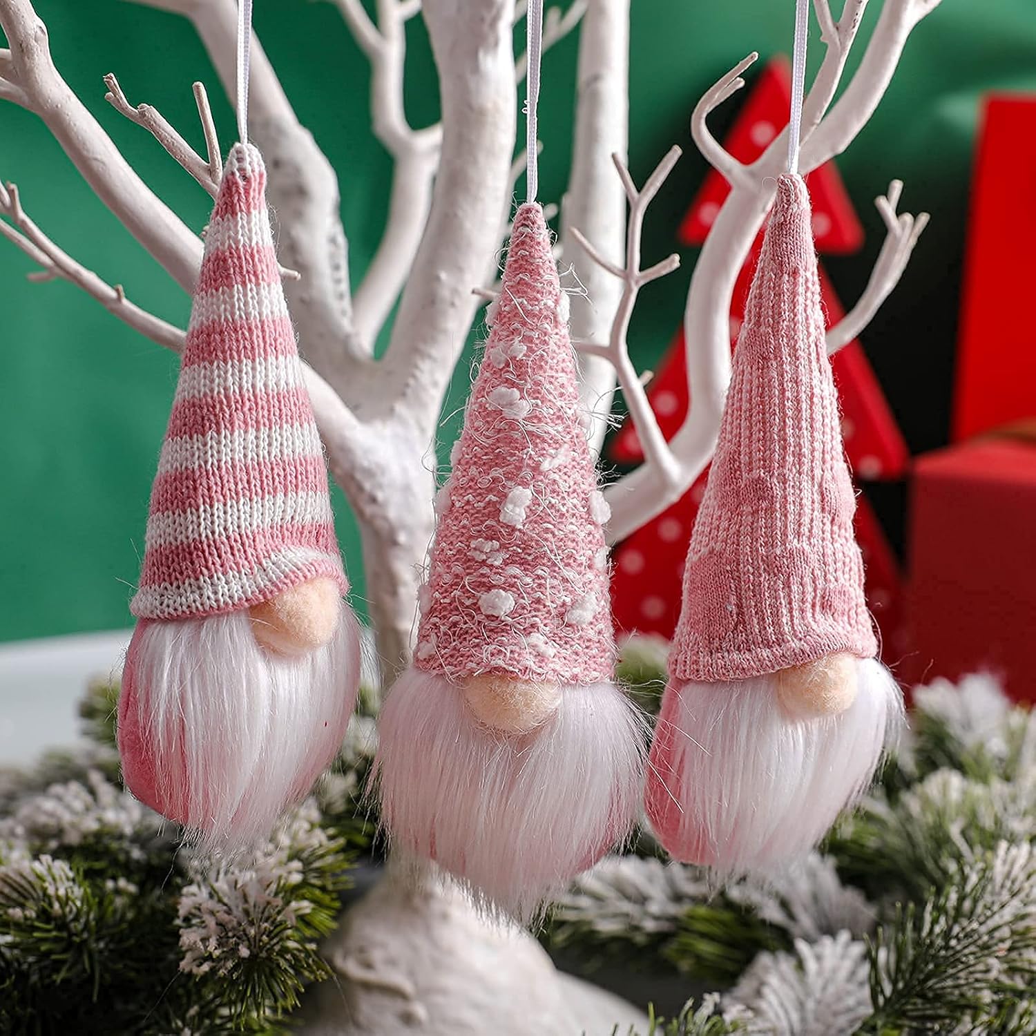 Skiennix Gnome Christmas Ornaments - Set of 3 Plush Tomte Santa Gnomes for Holiday Decor | Pink