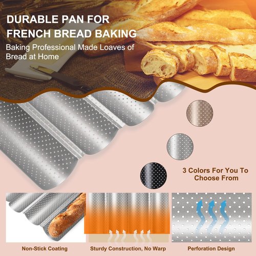 uxcell 2Pcs Perforated French Bread Baking Pan, 15" x 13" Toast Molds Tray, 4 Wave Loaves Baking Tray for Baking Loaf Bread (Silver Tone)