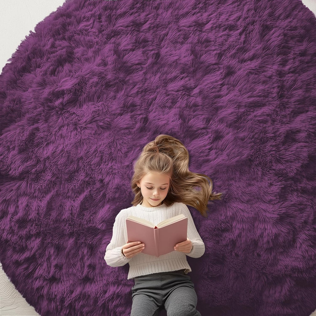 OLANLY Dark Purple Round Rug - Soft, Fluffy Shaggy Carpet | 8 ft Machine Washable Area Rug for Bedroom & Living Room Decor